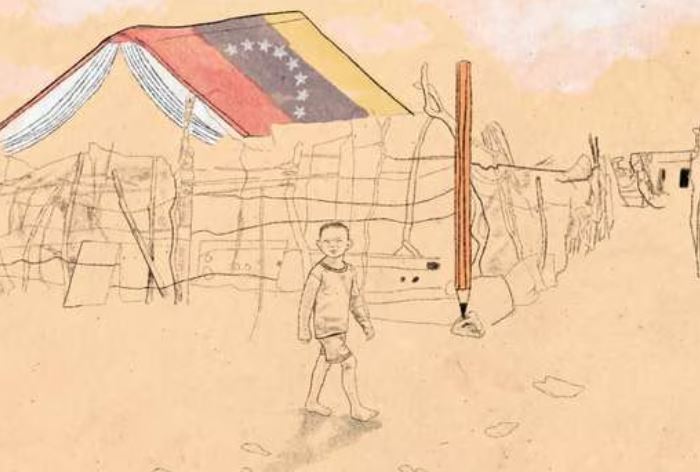 Niño migrante caminando en un campamento temporal