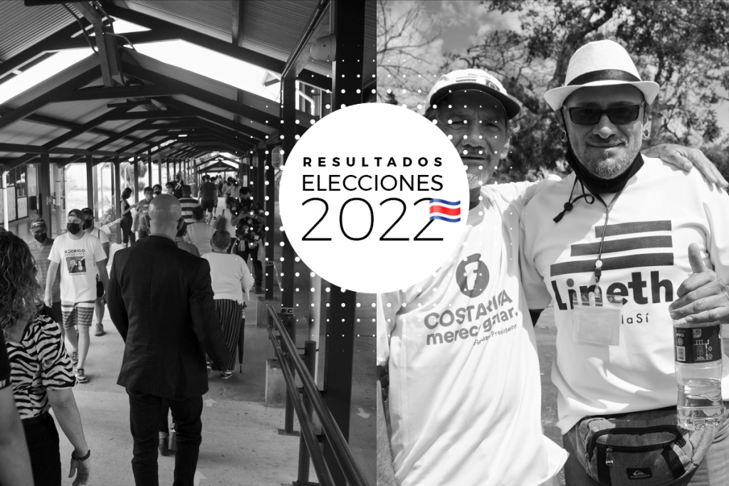 Personas en campa&ntilde;a electoral con r&oacute;tulo que indica "Resultados Elecciones 2022"