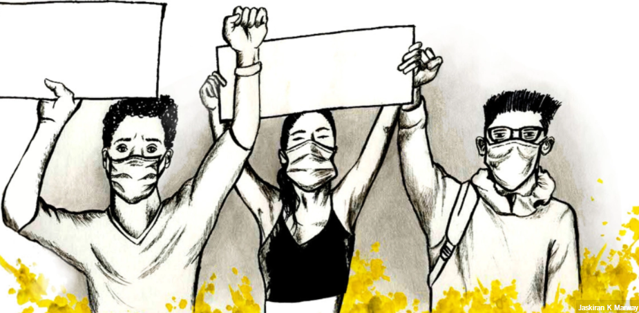 Ilustración de tres manifestantes